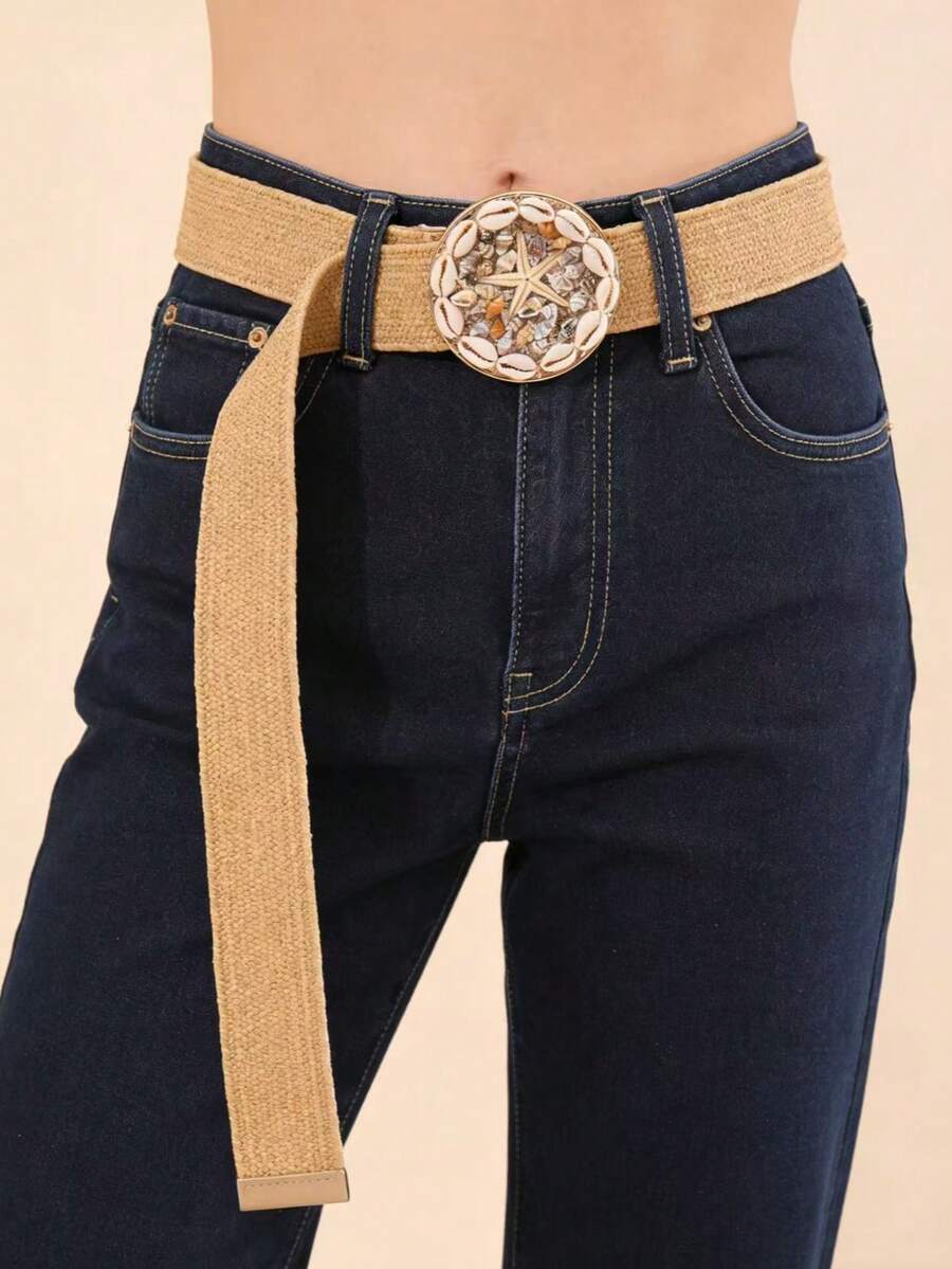 1pc Women's Premium Summer Beach Style Shell Elastic Waist Belt, European And American Metal PP Leather Fur Waistband - A - View 1