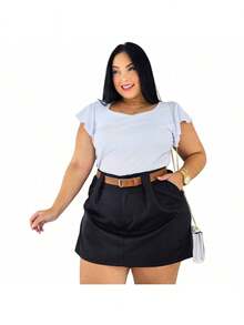 Short Skirt Plus Size Tailored With Belt Various Colors Summer - KIT 2 NEGRO/BEIGE - Ver 5