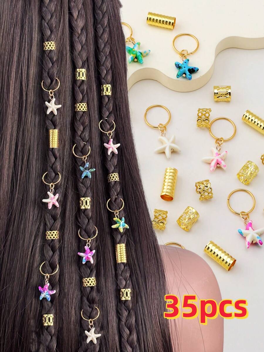 35件波西米亚风编织发圈,时尚个性海洋系列金属发饰,爪夹 - 金色 - 查看 1
