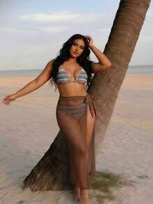 Große Größen eleganter rückenfreier Bikini, bedruckter BH-Oberteil kombiniert mit dehnbaren Schwimmshorts, ergänzt durch ein sexy, halbtransparentes Mesh-Wickelkleid, geeignet für Strand oder Pool. Urlaubssommer - Verschiedenfarbig - Übersicht 6