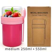 便携式水果沙拉、麦片和酸奶杯套装：防漏、可机洗，适合工作、学习和旅行 - 450毫升 + 250毫升，包含内置叉勺、密封酱料盒、微波炉适用（底层）和牛奶杯 - 彩色 - 查看 16
