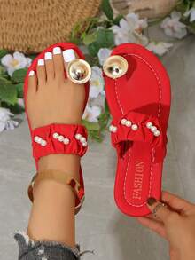 Red Faux Pearl Flat Sandals, Fashionable Slip-On Sandals, Bohemian Style Flip-Flops, Versatile Casual Date & Holiday Flat Sandals - Rose Red - View 7