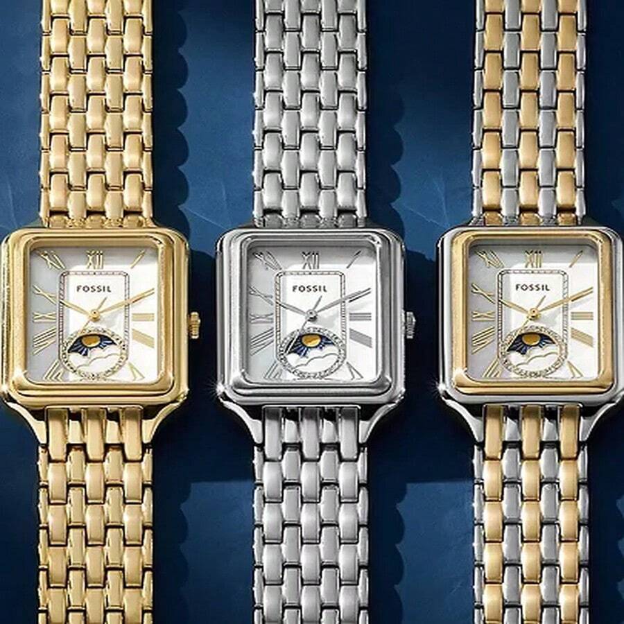 Đồng hồ nữ Fossil ES5400 thanh lịch, máy quartz - Vỏ thép không gỉ, dây da, mặt kính khoáng, chống nước 50M, mặt số màu vàng hồng. - Bạc - Xem 1