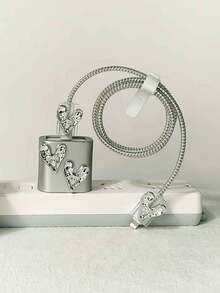 5个镀银方形心形TPU数据线保护套，兼容苹果20W/18W快充适配器 - 銀色 - 查看 2