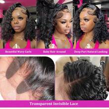 Curly Short Bob 13x4 HD Transparent Deep Wave Lace Frontal Human Hair Wigs Brazilian 13x4 Transparent Lace Front 180% Glueless Wig - Natural Black - View 5