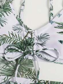 Three-Piece Floral Print Bikini Set, Boxer-Style Bottom With V-Neck And Long-Sleeved Cover-Up. - Green - View 6