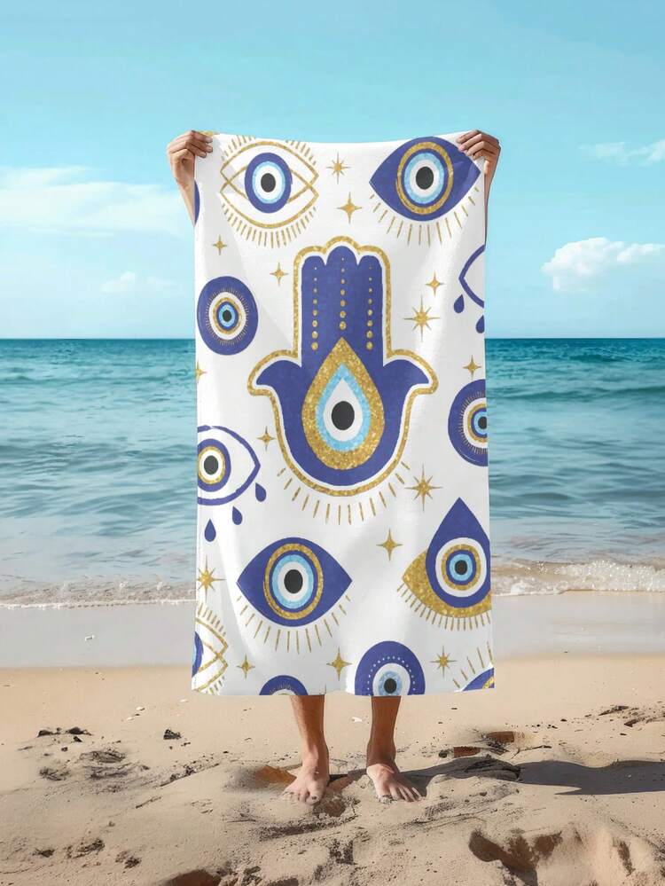 1 st. ögonmönstrad strandhandduk, supermjuk stickad tyg, tecknadstema i modern stil, rektangulär, snabbtorkande bad- och resehandduk, lämplig för män och kvinnor, perfekt för strand, pool, yoga, camping - Blå - Visa 1