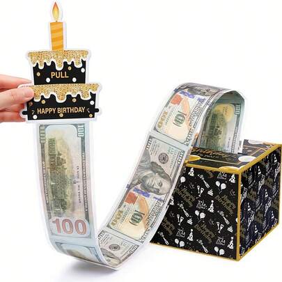 一套生日现金礼盒，可拉出现金礼包，包含生日贺卡和30个透明袋，黑色/金色/蓝色/粉色礼盒，趣味送礼，生日派对装饰，惊喜礼盒（需自行组装）