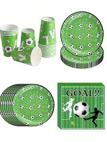 10 pièces Décorations de fête de football/soccer vert, set de vaisselle de fête d'anniversaire sur le thème du soccer pour 10 personnes - Multicolore - Voir 1
