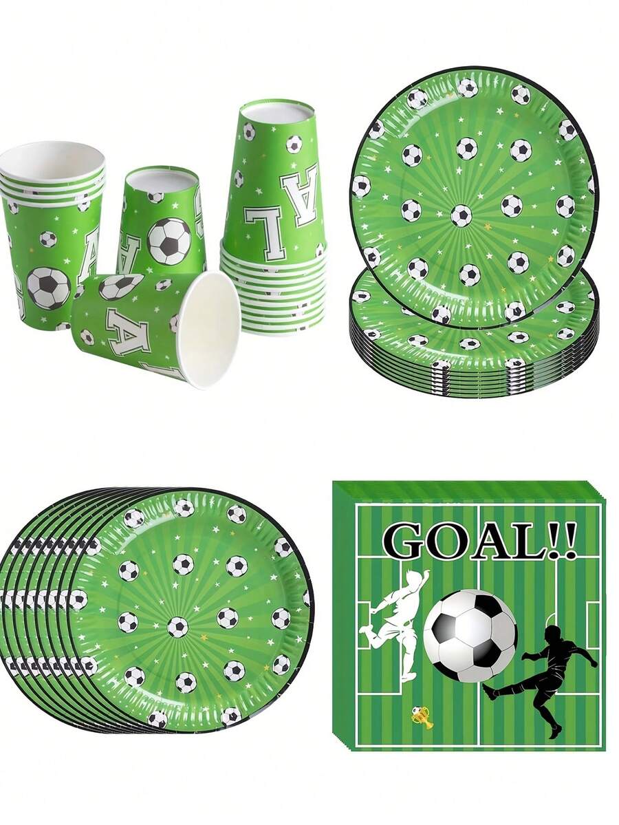 10 pièces Décorations de fête de football/soccer vert, set de vaisselle de fête d'anniversaire sur le thème du soccer pour 10 personnes - Multicolore - Voir 1