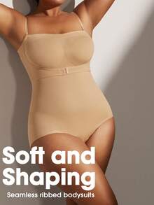 1pc Women Plus Size Seamless Strapless Jumpsuit, Removable Strap, Slimming, Shaping, Black, Summer - Apricot - View 8