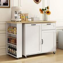 72.4"Rolling Kitchen Island 360° Swivel Table, Built - In Charging, 3 - Tier Spice Rack, Expandable With Trash Cabinet - Farmhouse Style For Kitchen - View 9