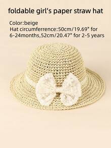 1pc Girls' Lace Bow Foldable Paper Straw Sun Hat, Beach Sunshade - Beige - View 2