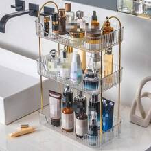 1pc Acrylic Makeup Organizer, Luxury Gold Transparent Multi-Layer Storage Rack, Bathroom Vanity Tabletop Skincare & Lipstick Holder - White - View 3