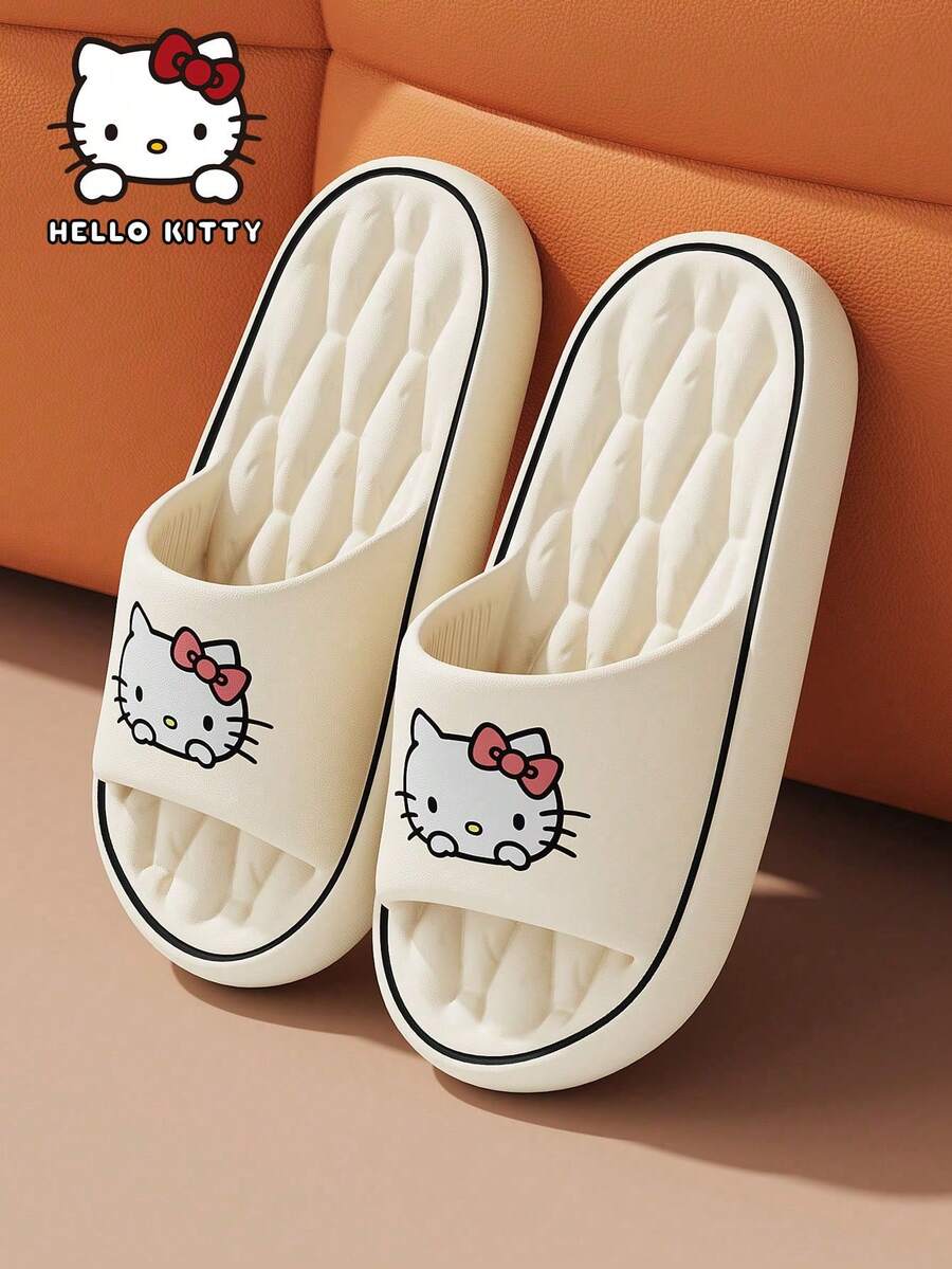 SANRIO Dép đi trong nhà phối hợp thiết kế nơ và hình bàn chân, dép nữ, đế lót ghế sofa mềm mại chống trơn trượt, thoáng khí, thích hợp đi biển, dạo phố, dép đi biển dễ thương, thanh lịch và thời trang, dép đế bằng mũi tròn, dép mùa hè cho nữ. - trắng - Xem 1