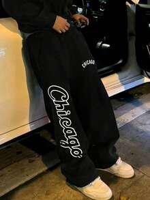 男士抽绳印花休闲裤，舒适透气运动裤 - 黑色 - 查看 1