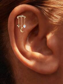 SereneSpark 1Pc 925 Sterling Silver Romantic Stars And Moon Synthetic Moonstone Piercing Tassel Stud Earring Flat Back Cartilage Helix Piercing Fine Jewelry Suitable For Women For Daily, Dates, Vacation, Wedding, Party, Holiday Gift - Gold - View 1