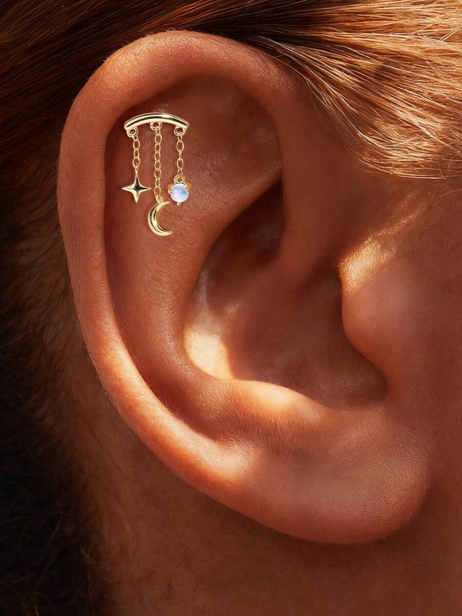SereneSpark 1Pc 925 Sterling Silver Romantic Stars And Moon Synthetic Moonstone Piercing Tassel Stud Earring Flat Back Cartilage Helix Piercing Fine Jewelry Suitable For Women For Daily, Dates, Vacation, Wedding, Party, Holiday Gift - Gold - View 1