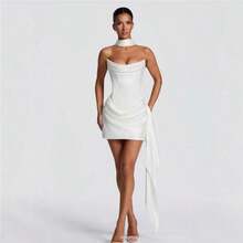 SDM191 Temperament Tube Top White Short Satin Sleeveless Dress With Fishbone Original Product - 米白色 + XS - 查看 5