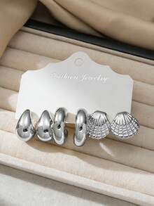 6-18pcs Fashionable Minimalist Heart, Teardrop, Shell, Conch, C-Shape, Geometric Design Stud Earrings, Suitable For Summer Travel And Daily Vacation Wear - Silver - View 4