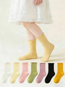10/7/3 Pairs Kids Solid Color Mid-Calf Socks, Japanese School Style Socks, Vibrant Colors, Ruffle Trim Design, Casual & Fashionable, Soft & Comfortable, Suitable For Daily Wear In Spring, Summer, Autumn And Winter, Fits Children Aged 2-12, Exquisite Gift, New Year Socks - Multicolor - View 2