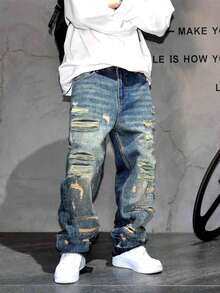 Vintage American Streetwear Style Distressed Patch Loose Fit Wide Leg Jeans, Relaxed Straight Cut Denim Pants For Men - 中等水洗 - 查看 2