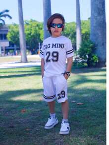 Boys' Summer Shirt And Shorts Set - 黑與白 - 查看 3