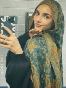 1pc Women's Paisley Pattern Embroidered Pashmina Scarf, Bohemian Vintage Tassel Shawl, Soft & Comfortable, Suitable For Daily Wear - 軍綠色 - 查看 2