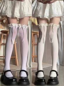 2 Pairs Lolita Socks With Ribbon Bow Trim, Sweet Velvet Over-The-Knee Long Socks, Thin For Spring/Summer - Multicolor - View 2