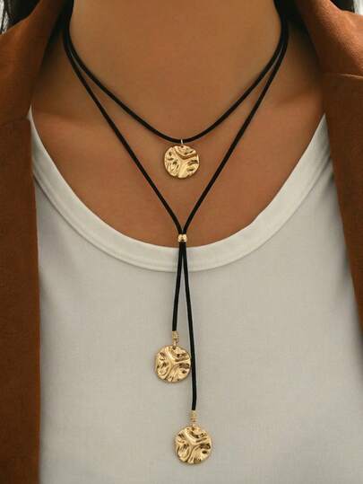 1件复古简约黑色多层Y形项链，几何圆形波浪形金属吊坠，适合日常佩戴、送礼、节日、度假，百搭配饰