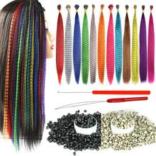Synthetic Feather Hair Extensions For Women 16 Inch Hairpieces With100pcs Silicone Micro Link Beads And 2 Crochet Hooks Hair Feathers With Tools Kit 16'' 12 Feather Mix Colors - 12種羽毛混合顏色 - 查看 1