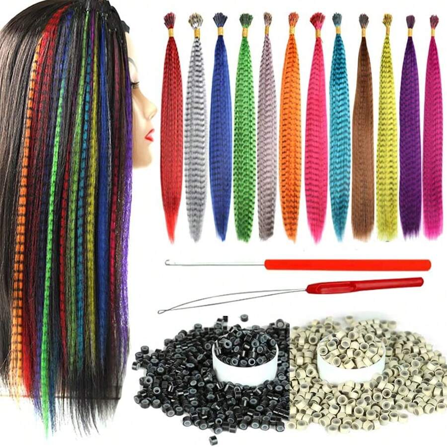 Synthetic Feather Hair Extensions For Women 16 Inch Hairpieces With100pcs Silicone Micro Link Beads And 2 Crochet Hooks Hair Feathers With Tools Kit 16'' 12 Feather Mix Colors - 12種羽毛混合顏色 - 查看 1