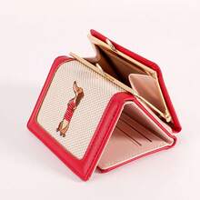 New Original Compact Tri-Fold Wallet, Knitted Embroidery Coin Purse, Cute Canvas Dog Cartoon Short Wallet For Students For Women Wallet Mini Wallet Purse Wallet Small Wallet Cute Wallet Travel Essential Summer Small Wallet Red Wallet - Red - View 4