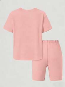 两件套可爱蝴蝶结标语印花宽松T恤，搭配骑行短裤，柔软舒适，休闲百搭，适合年轻女孩，可用于上学、外出、日常穿着、海滩旅行和夏季等场合。 - 粉色 - 查看 5