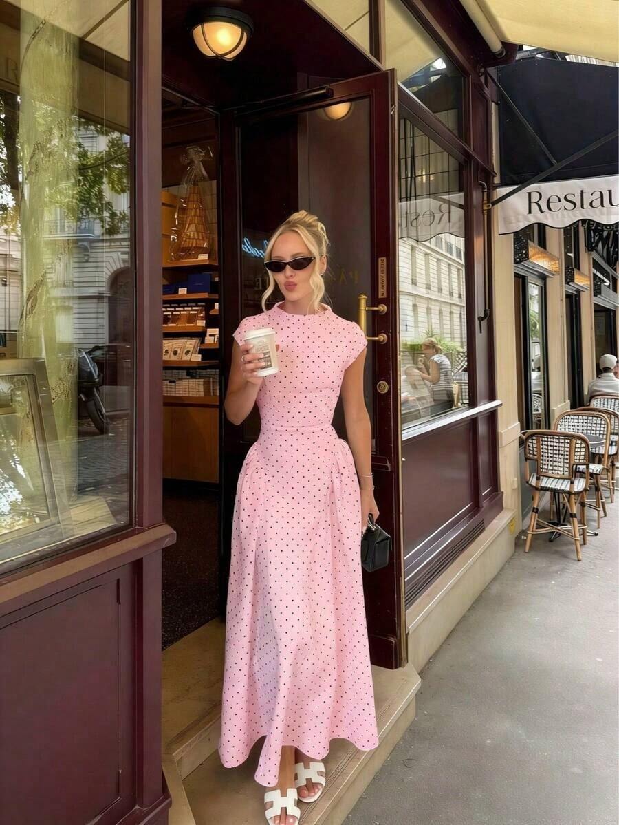 Elegant Floral Print Patchwork Casual Party Dress, Graceful Women Long Dress Holiday Pink Summer - 粉色 - 查看 1