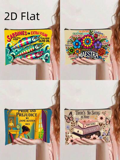 化妆包1个，复古沙丁鱼包装设计，轻便拉链洗漱包，适合旅行和日常使用，多功能文具收纳袋，蝴蝶造型书包，带腕带，拉链化妆包和铅笔盒，花卉图案