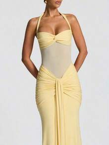 Sexy Spaghetti Strap Backless Waist Cinched High Slit Dress, Mesh Patchwork Vacation Party Dress - Pink - View 12