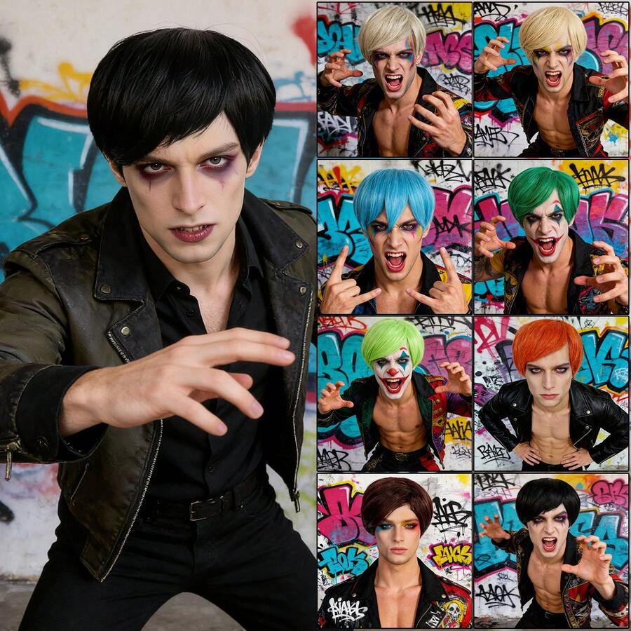 男士短款层次直发动漫角色扮演假发，带刘海，8种亮丽颜色可选（绿色、天蓝色、金色、橙色、深棕色、黑色、浅绿色、红棕色），耐热合成假发，适合节日、日常佩戴、派对和主题活动，外观自然，是生日或圣诞节的理想礼物，易于造型和保养。 - 彩色 - 查看 1