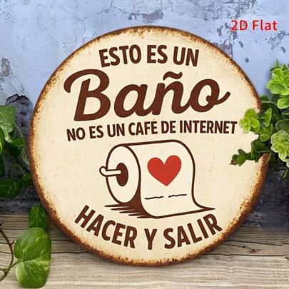 [2D Flat] 1pc 8 Inch X 8 Inch (20cm X 20cm) Spanish Bathroom Decor Wall Sign, Vintage Iron Sign, Round Iron Poster For Outdoor Wall Decor, Street Yard Porch Garage Home Cafe Bar Club Shop Farm Garden Country Wall Decoration, Pre-Drilled Holes, As Shown In Size Chart