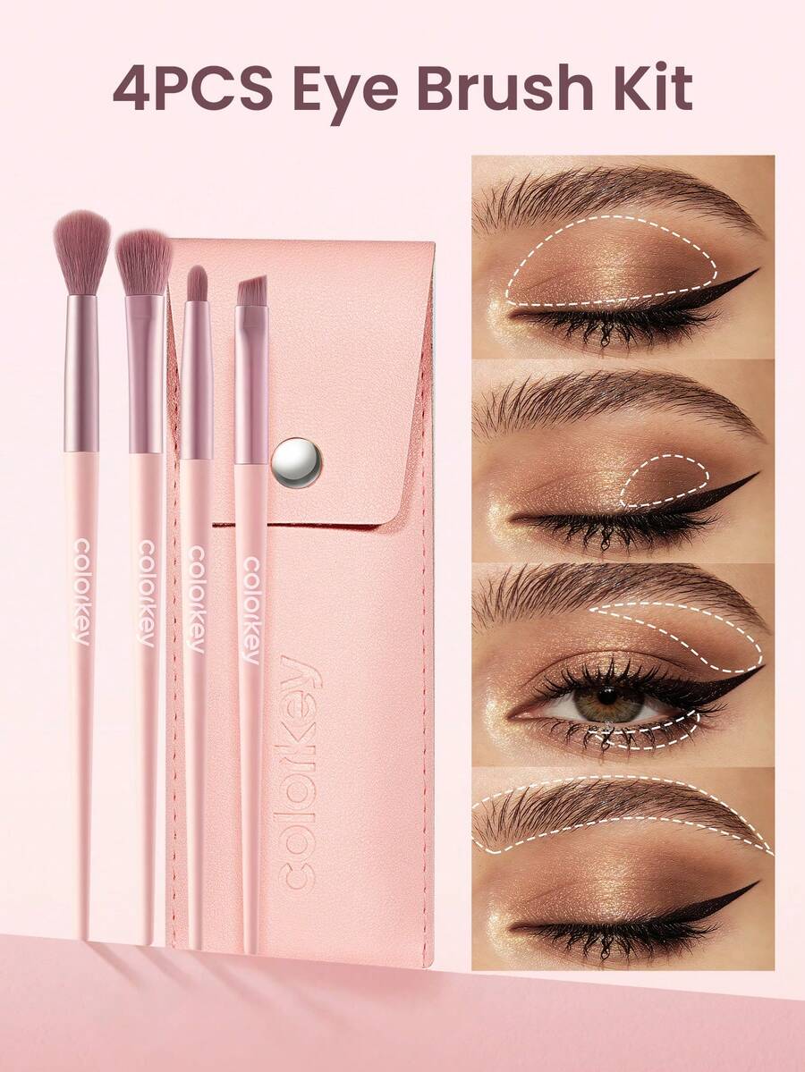 COLORKEY 4件套合成纤维眼部化妆刷套装，带收纳袋，包含晕染刷、眼影刷、斜角刷，适合Y2K/90年代妆容、生日、节日派对、春夏妆容，是各种庆祝活动的必备单品。 - 粉色 - 查看 1