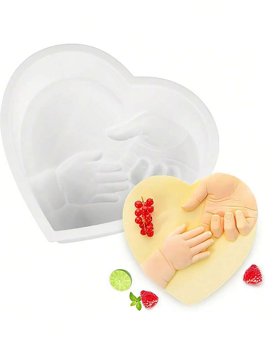 1个心形硅胶蛋糕模具，大手小手慕斯蛋糕模具，亲吻果冻模具，适用于母亲节、情人节、宝宝月龄庆祝、日常烘焙巧克力、慕斯甜点、饼干等。 - 查看 1