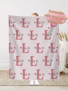1pc Customized Initial Letter & Pink Rose Allover Print Soft Flannel Blanket, Personalized Name & Letter Design, Thoughtful Gift For Family And Friends - Multicolor - View 2