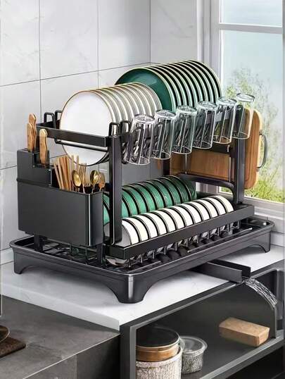 Multifunctional Tableware Bowls And Plates Large-Capacity Dish Rack With Draining Board - Rust-Proof Metal Kitchen Essential Storage Rack Double Layer. Equipped With 360° Rotating Water Outlet. Can Store Cups, Plates, And Tableware. Space-Saving Design, Perfect For Apartment-Dwelling Women. Valentine's Day Gift Choice