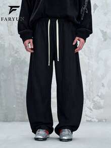 Men's Wide Leg Straight 3D Wavy Texture Minimalist Casual Pants - Black - View 2