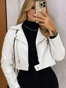 Stylish Women's Faux Leather Jacket With Zipper Details – A Modern And Versatile Piece For São João 2026 - 白色 - 查看 1
