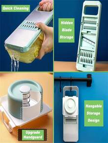 不锈钢多功能蔬菜切片切丝器套装，带可更换刀片，手动厨房小工具套装，适用于土豆、胡萝卜、黄瓜等蔬菜。 - 彩色 - 查看 6