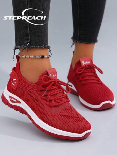 STEPREACH 女士休闲运动鞋，网眼面料，透气舒适，轻便系带，纯色，粉色，防滑耐穿