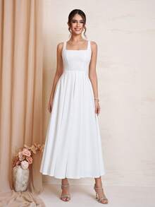 Women's Elegant White Square Neck Adjustable Strap A-Line Midi Dress (Back Zipper Design), Formal Dress For Wedding Guests, Dinners, Parties & Cocktail Events Summer - White - View 4