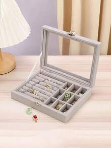 1pc Transparent Window Velvet Jewelry Box, Multi-Compartment Earring Ring Necklace Storage Box, Dust-Proof Anti-Oxidation Jewelry Case - Multicolor - View 8