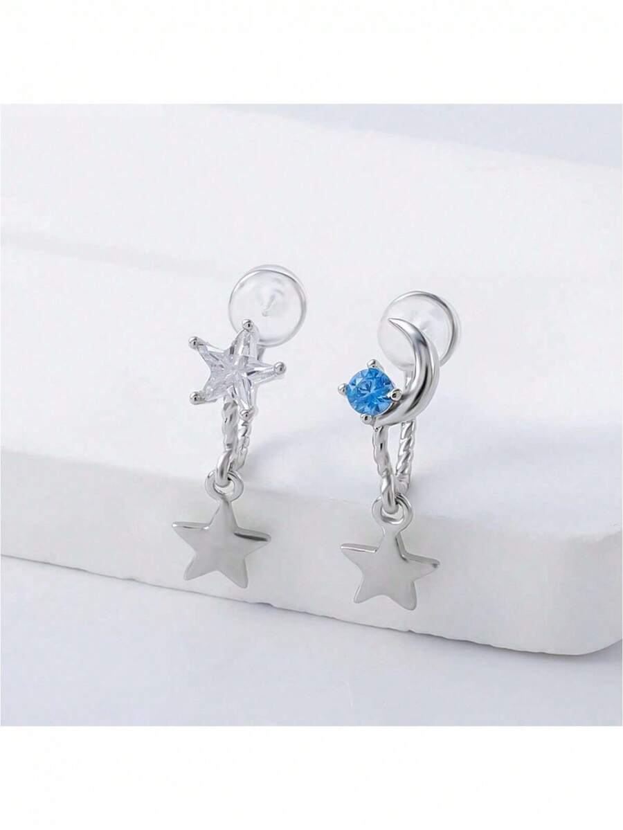 925 Silver Star & Moon Clip-On Earrings, Asymmetric Design, Star & Moon Shape, No Piercing Required, Cubic Zirconia Accents, Suitable For Women - Silver - View 1